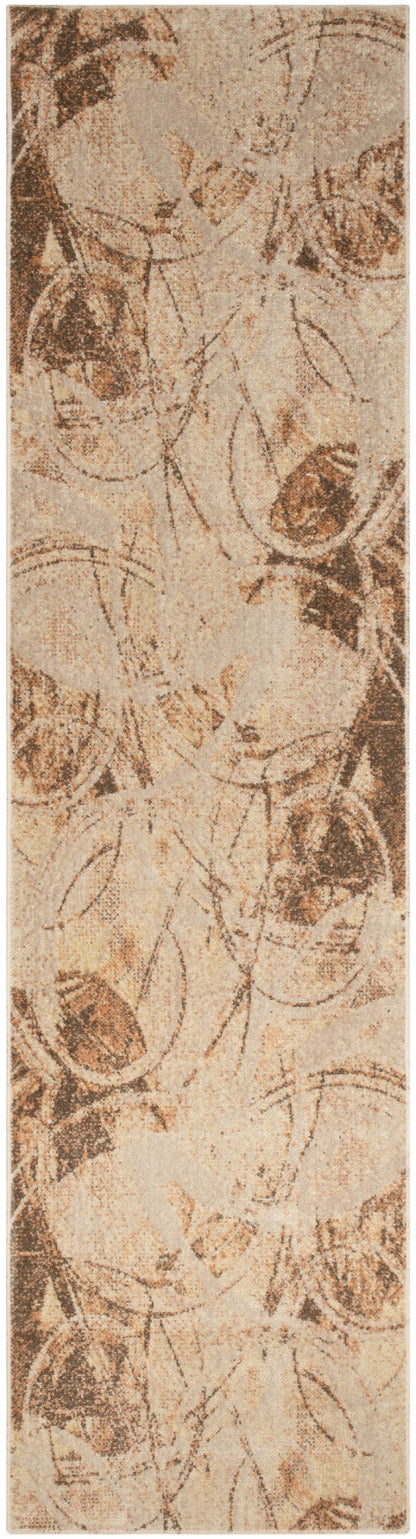 Beige fabric or wallpaper pattern with warm brown circular floral motifs in an abstract damask style