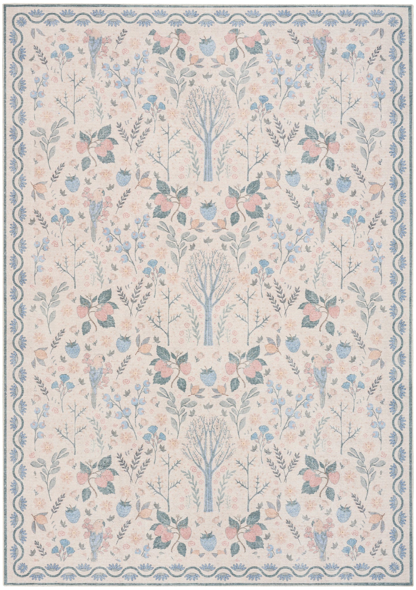 Rectangular area rug with cream background and pastel blue and pink floral garden motif, blue border.