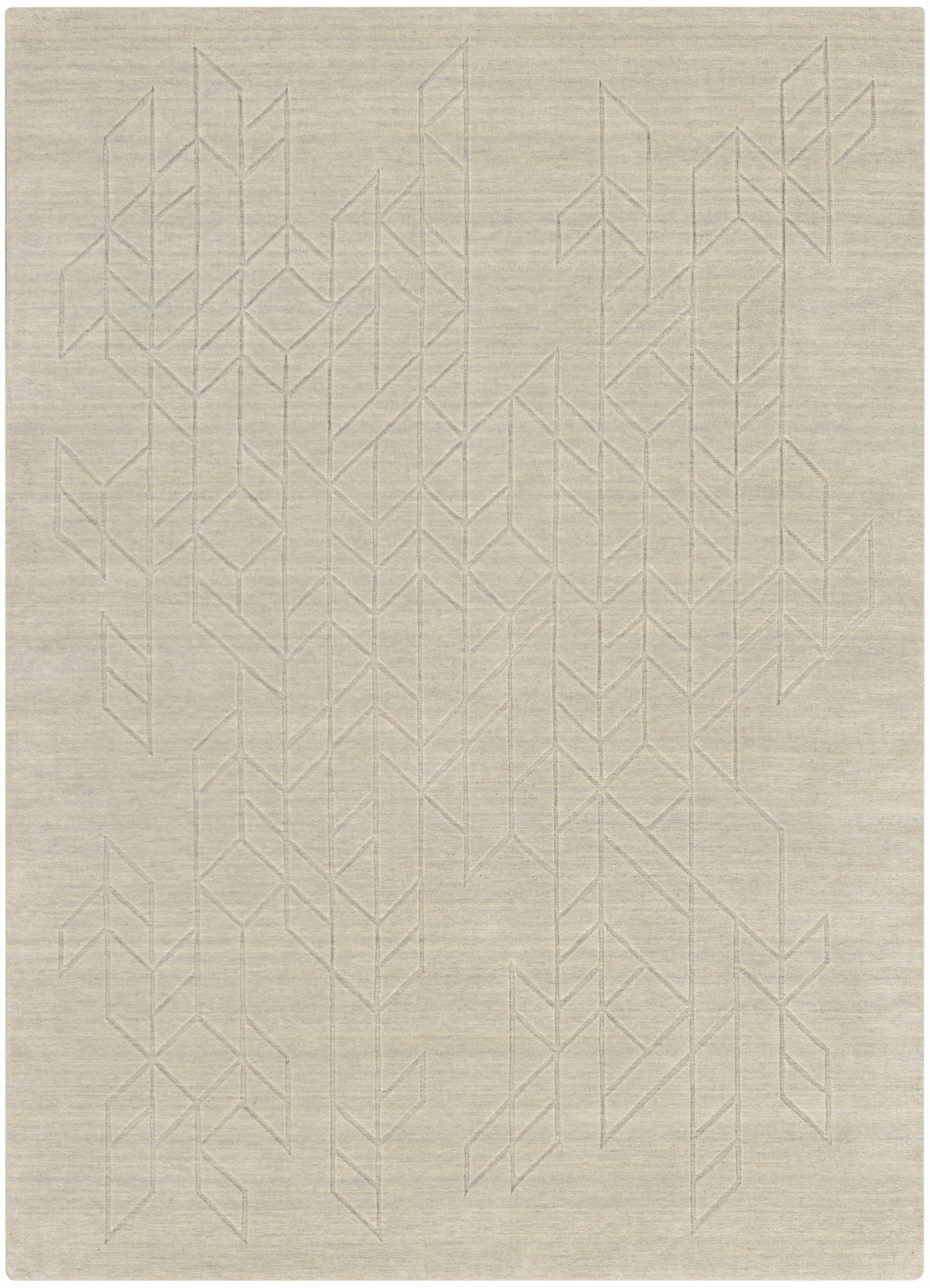 Beige rectangular woven rug with a subtle pale geometric chevron pattern; 8' x 10' modern minimalist decor.