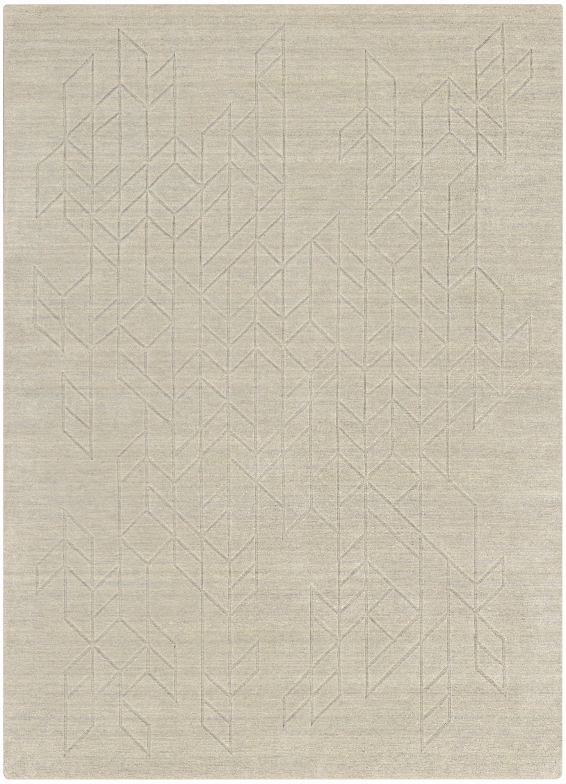 Beige rectangular woven rug with a subtle pale geometric chevron pattern; 8' x 10' modern minimalist decor.