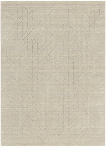 Beige rectangular woven rug with a subtle pale geometric chevron pattern; 8' x 10' modern minimalist decor.