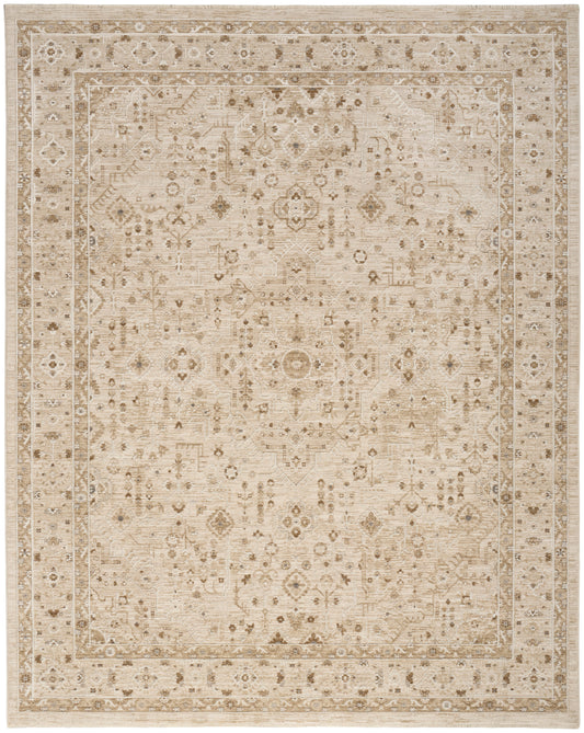 Beige oriental area rug with a worn central medallion and delicate floral-geometric border motifs.