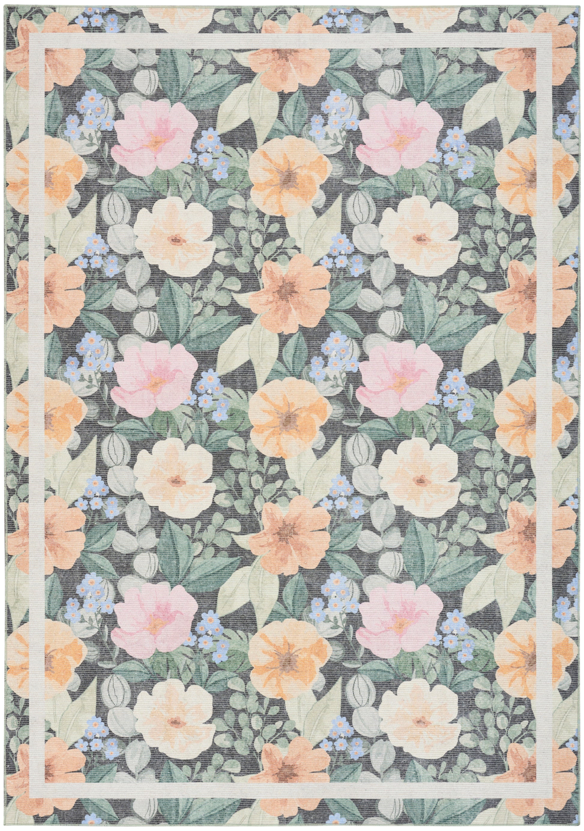 Pastel floral pattern on a rug with peach, pink and white blossoms and green leaves on a dark gray background, bordered by peach and white frames.