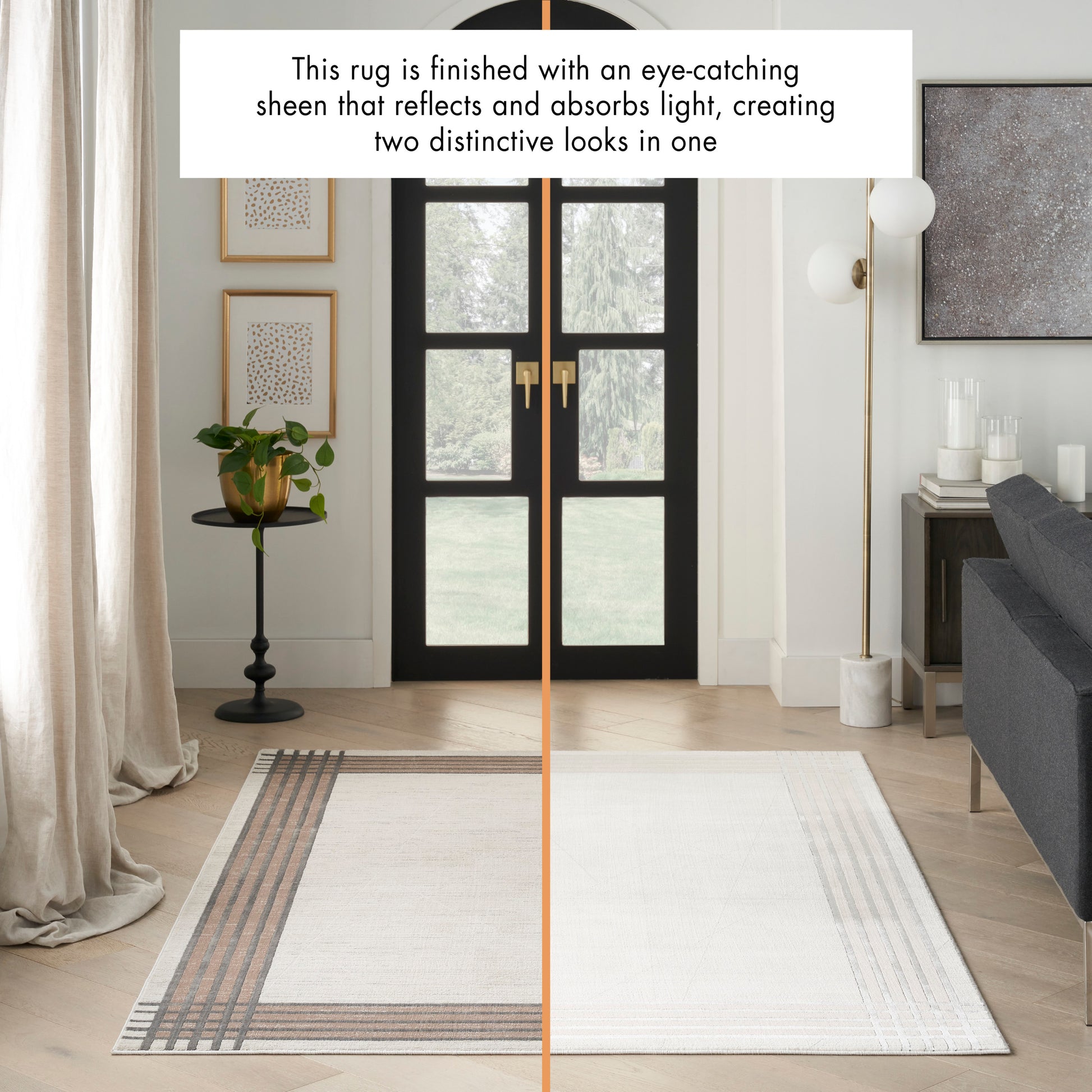 Rectangular cream rug with taupe-gray border stripes and a subtle sheen; modern living room with black-framed doors.