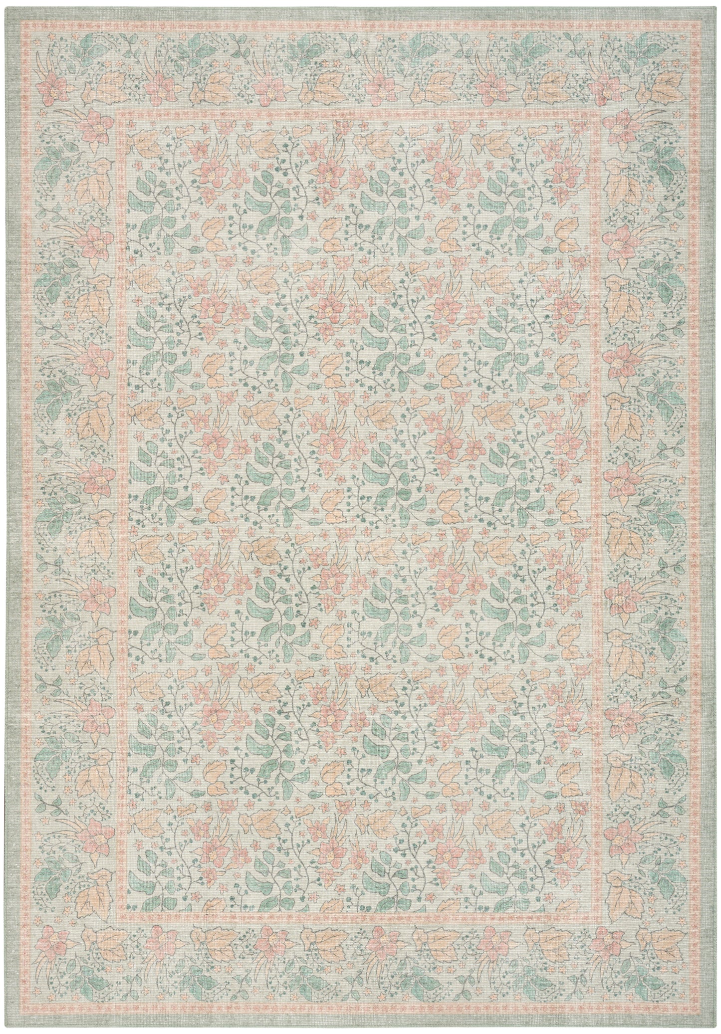 Pastel floral area rug in mint green and peach with an ornate border and repeating bouquet motifs.