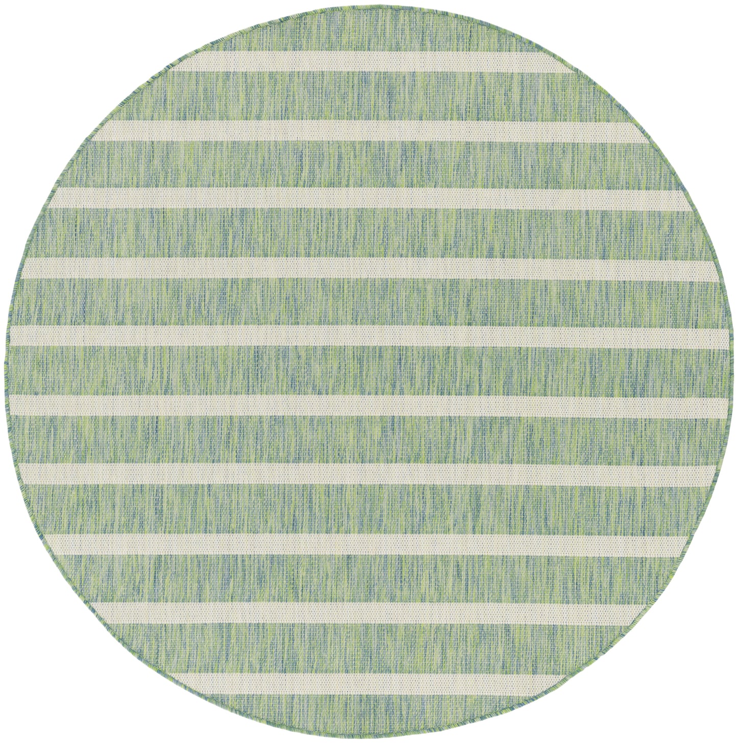 Round rug with pale green and white horizontal stripes and a textured woven surface.