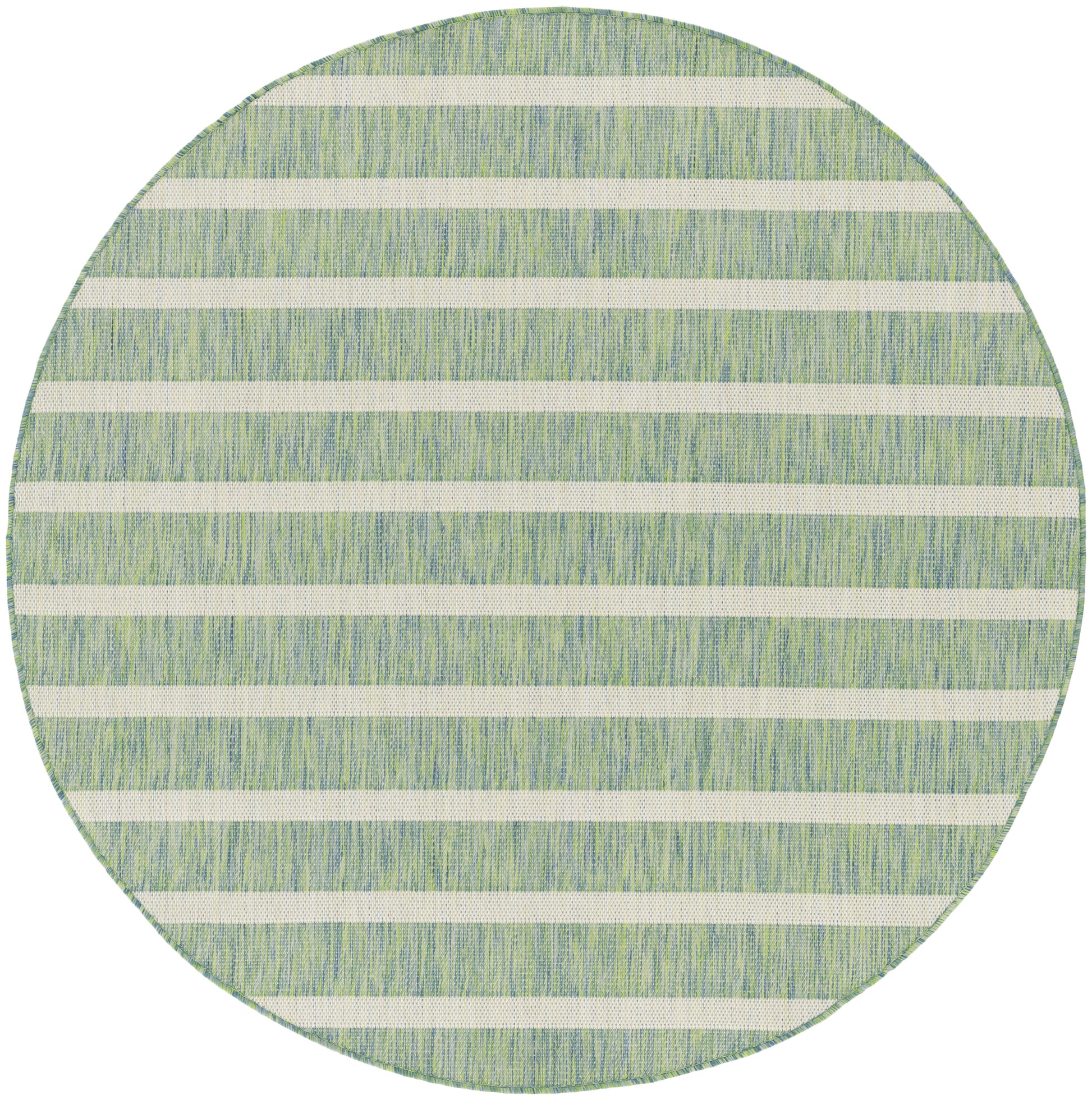 Round rug with pale green and white horizontal stripes and a textured woven surface.