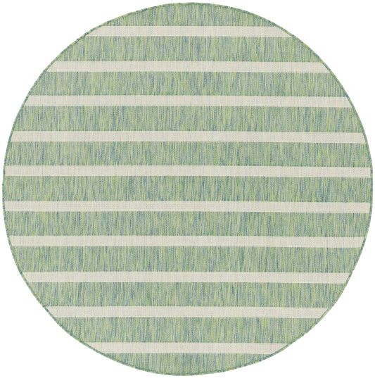 Round rug with pale green and white horizontal stripes and a textured woven surface.