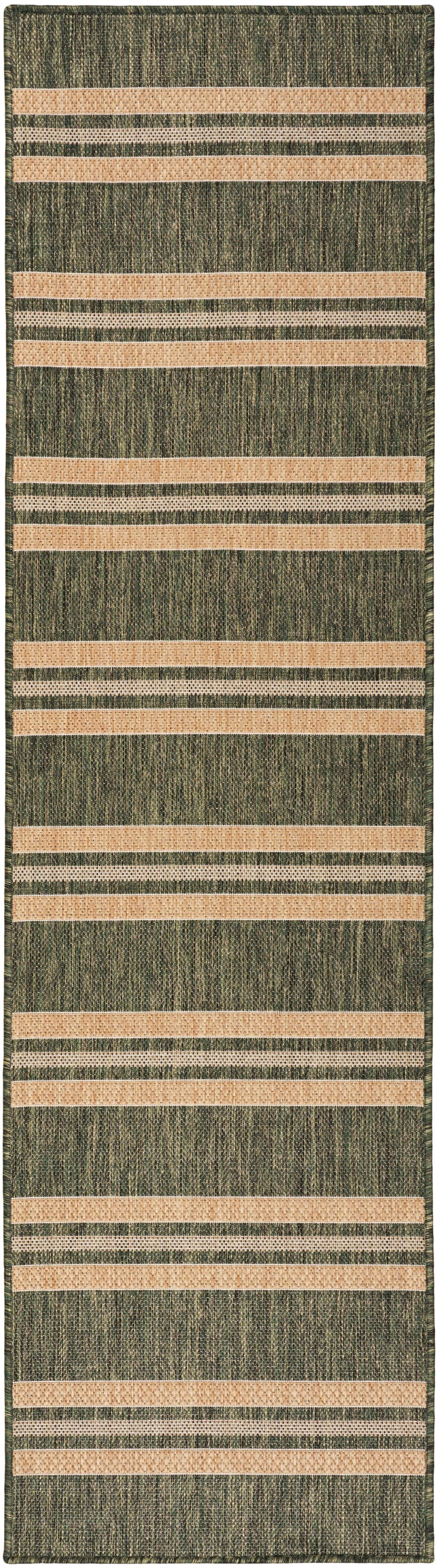 Long green textured rug runner with beige woven stripes in a rustic, hallway-ready style.