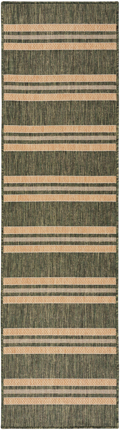 Long green textured rug runner with beige woven stripes in a rustic, hallway-ready style.