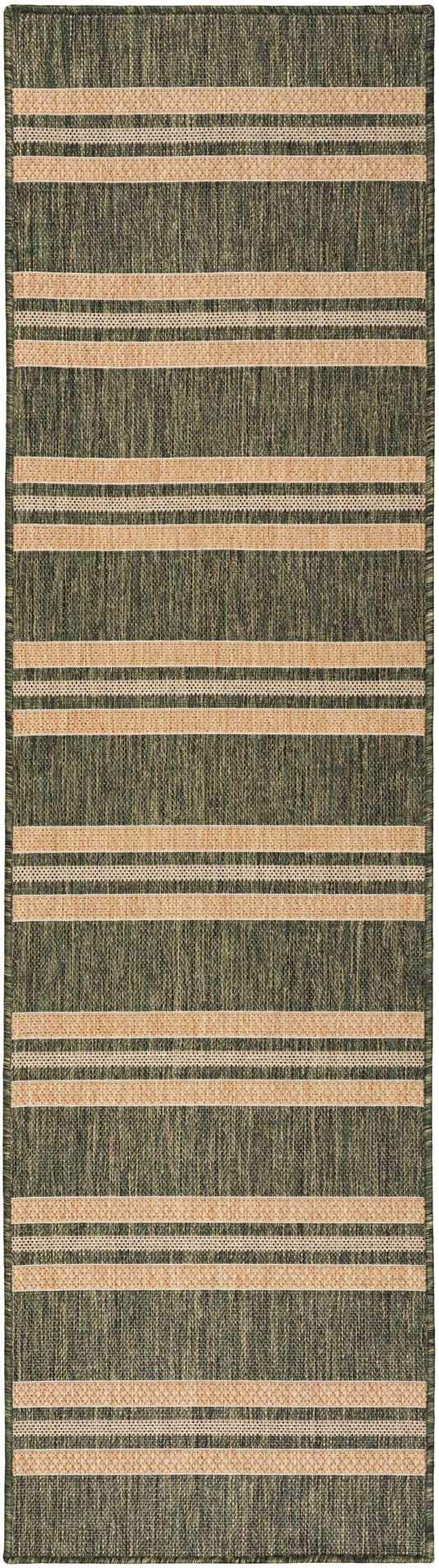 Long green textured rug runner with beige woven stripes in a rustic, hallway-ready style.