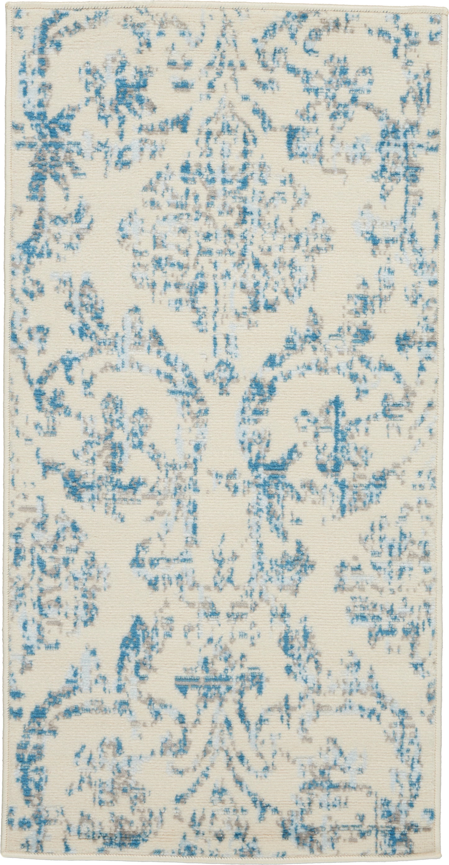 Cream rug with a blue distressed damask pattern, rectangular area rug for living room or hallway.