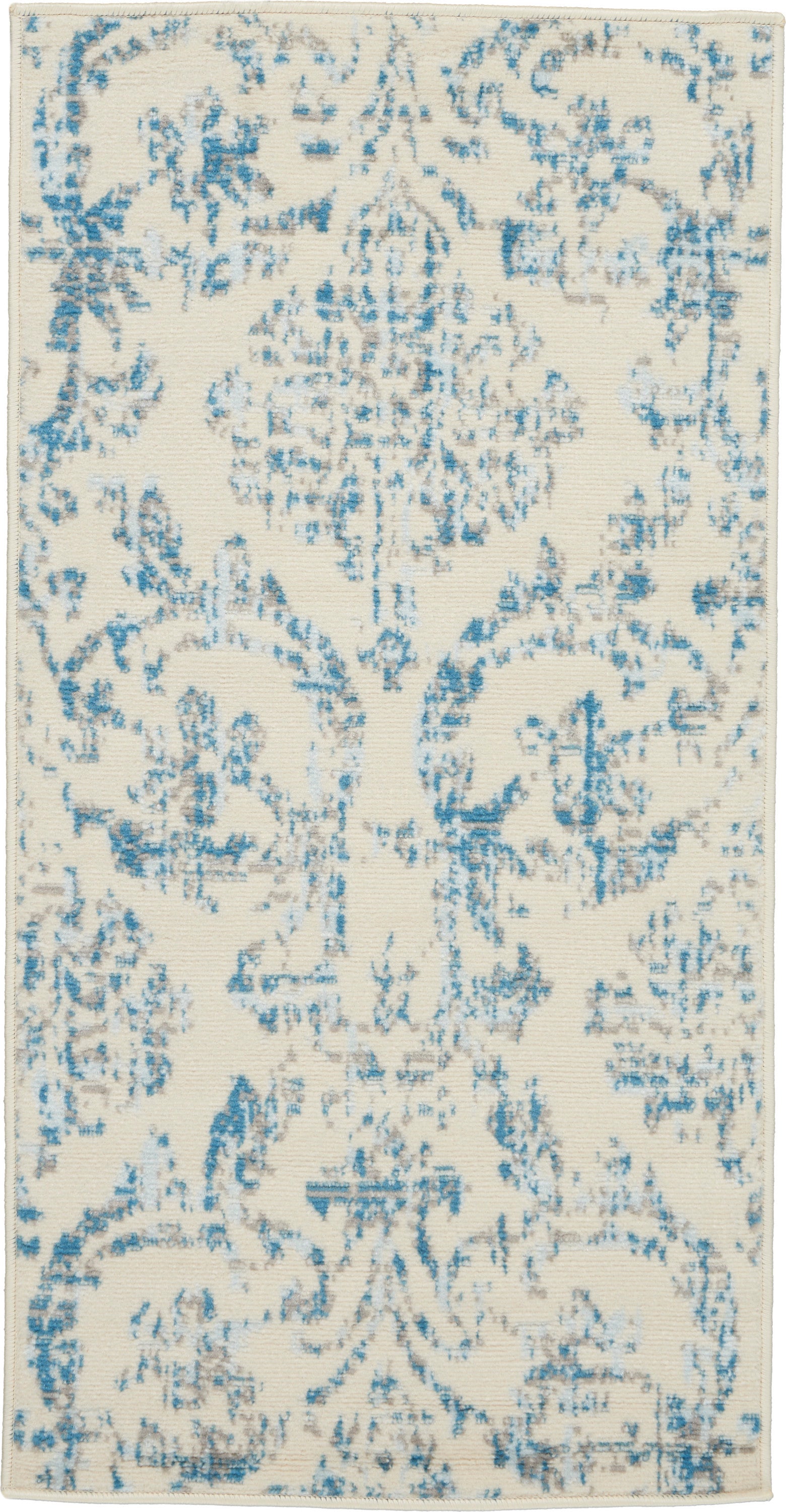 Cream rug with a blue distressed damask pattern, rectangular area rug for living room or hallway.