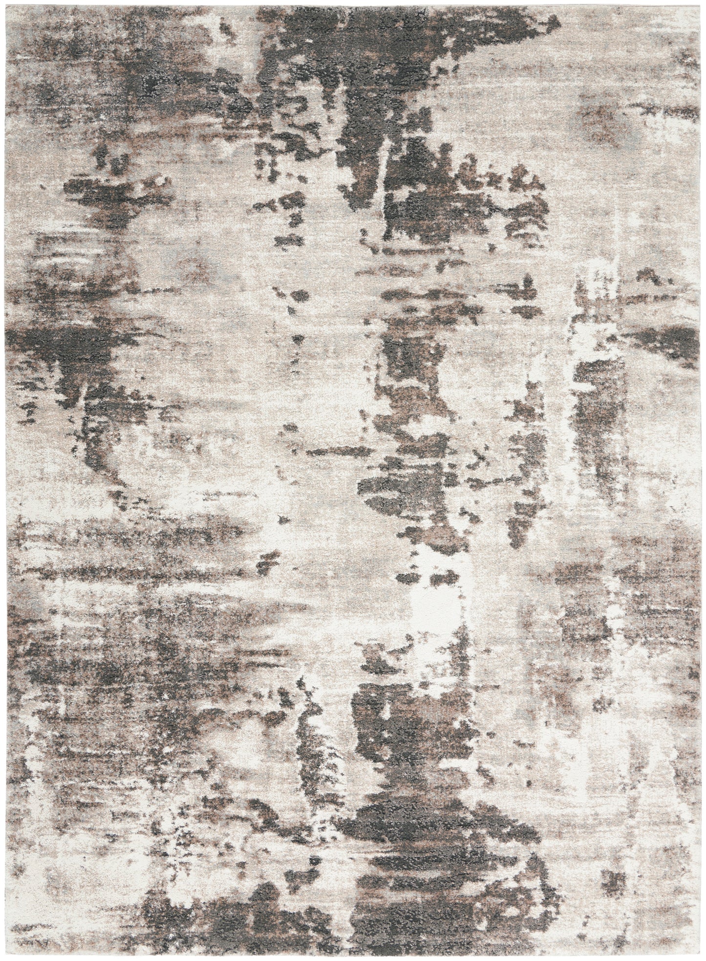 Abstract beige & charcoal rug with distressed painterly pattern; modern rectangular area rug for living room