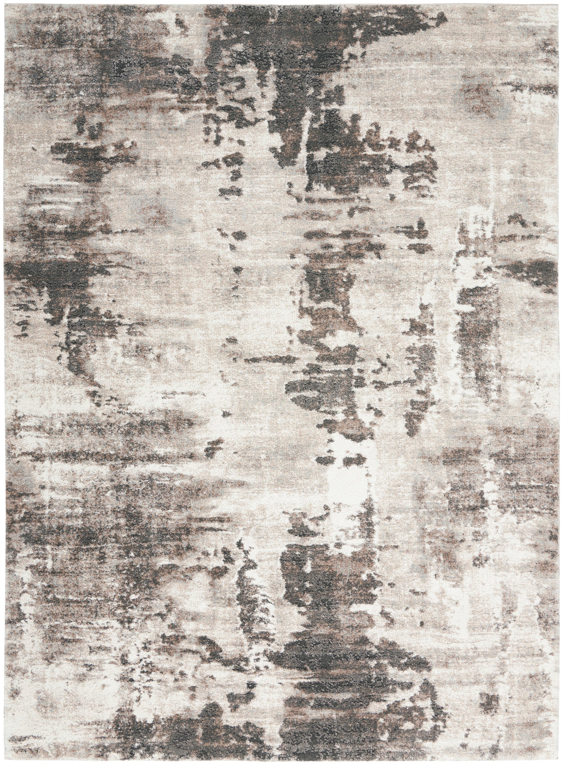Abstract beige & charcoal rug with distressed painterly pattern; modern rectangular area rug for living room
