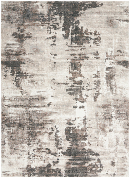 Abstract beige & charcoal rug with distressed painterly pattern; modern rectangular area rug for living room