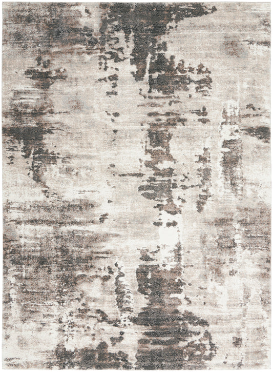 Abstract beige & charcoal rug with distressed painterly pattern; modern rectangular area rug for living room
