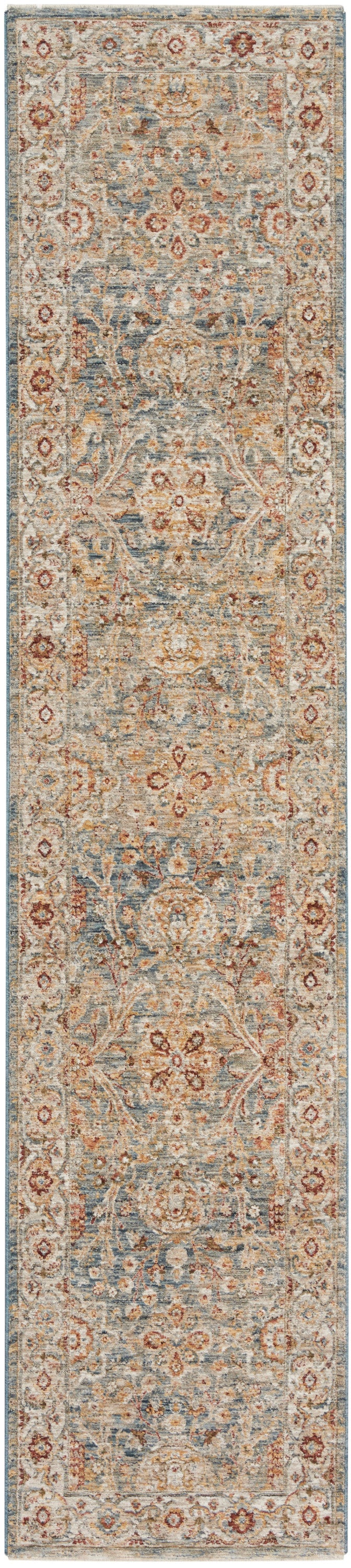 Distressed vintage-style oriental runner rug with ivory, blue and rust floral medallions and ornate border.