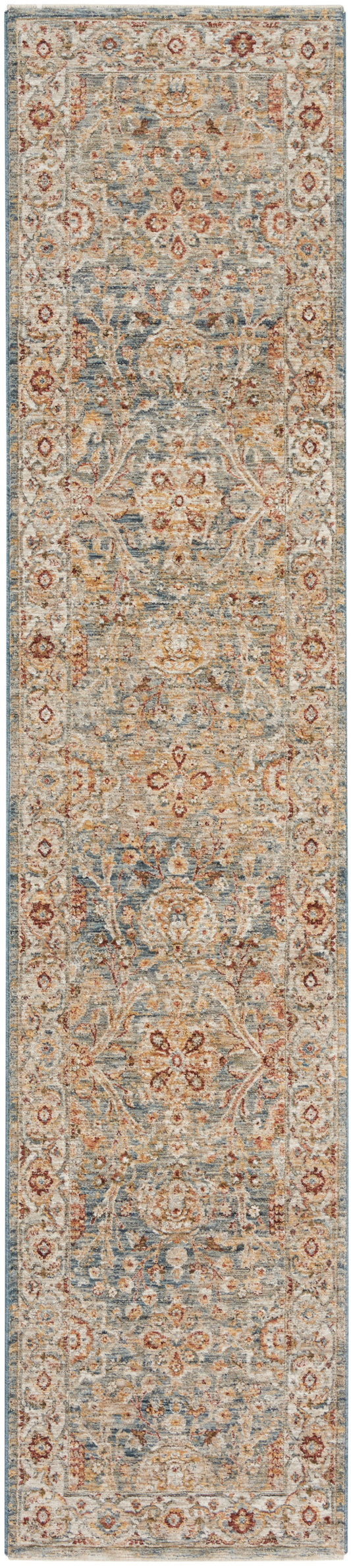 Distressed vintage-style oriental runner rug with ivory, blue and rust floral medallions and ornate border.