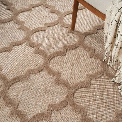 Natural jute rug with taupe trellis pattern; textured flatwoven, neutral decor for living room & bedroom.