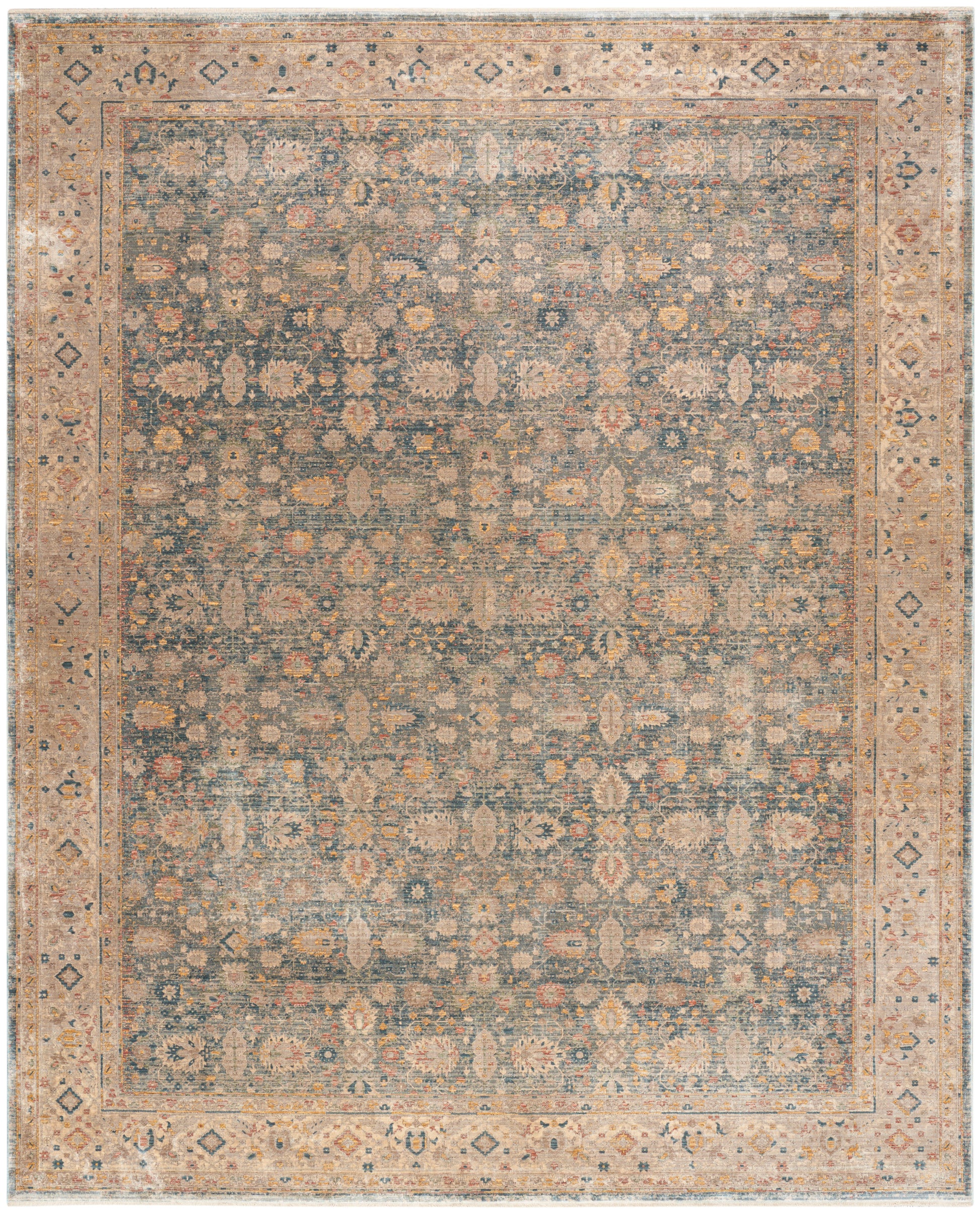 Distressed blue-gray oriental rug with ivory, taupe and gold floral motifs and warm beige geometric border.