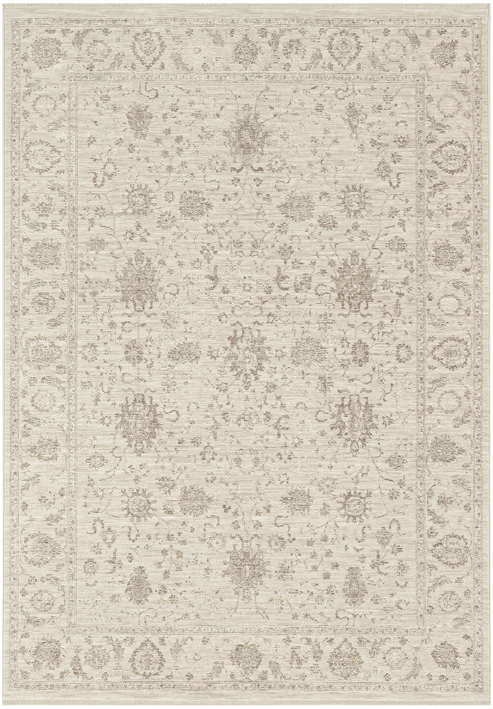 Beige rectangular area rug with antique floral medallion pattern and ornate border, distressed look.