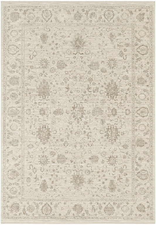 Beige rectangular area rug with antique floral medallion pattern and ornate border, distressed look.