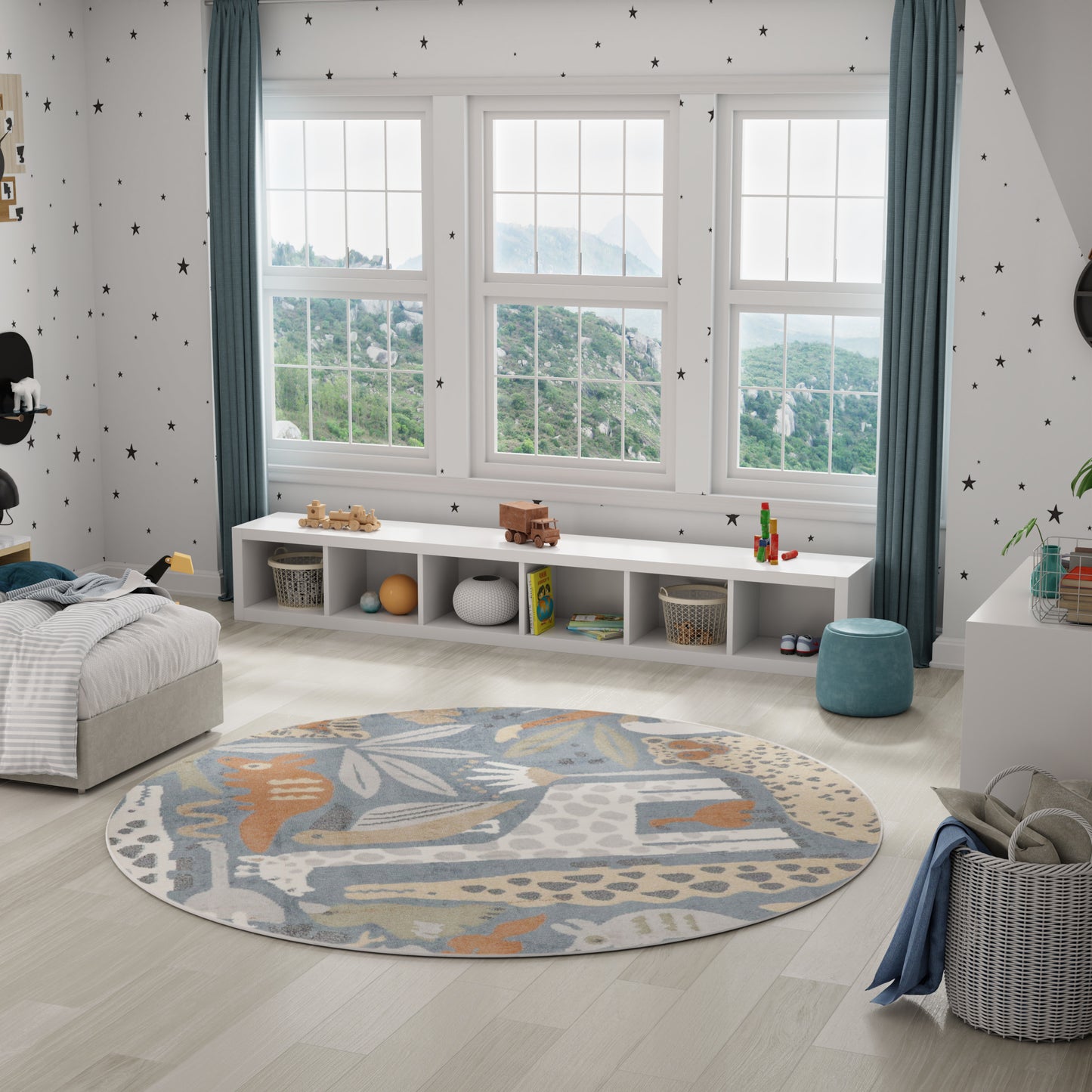 Kids' bedroom with round abstract rug, white cubby storage under large windows, starry wallpaper, blue curtains, and toys.