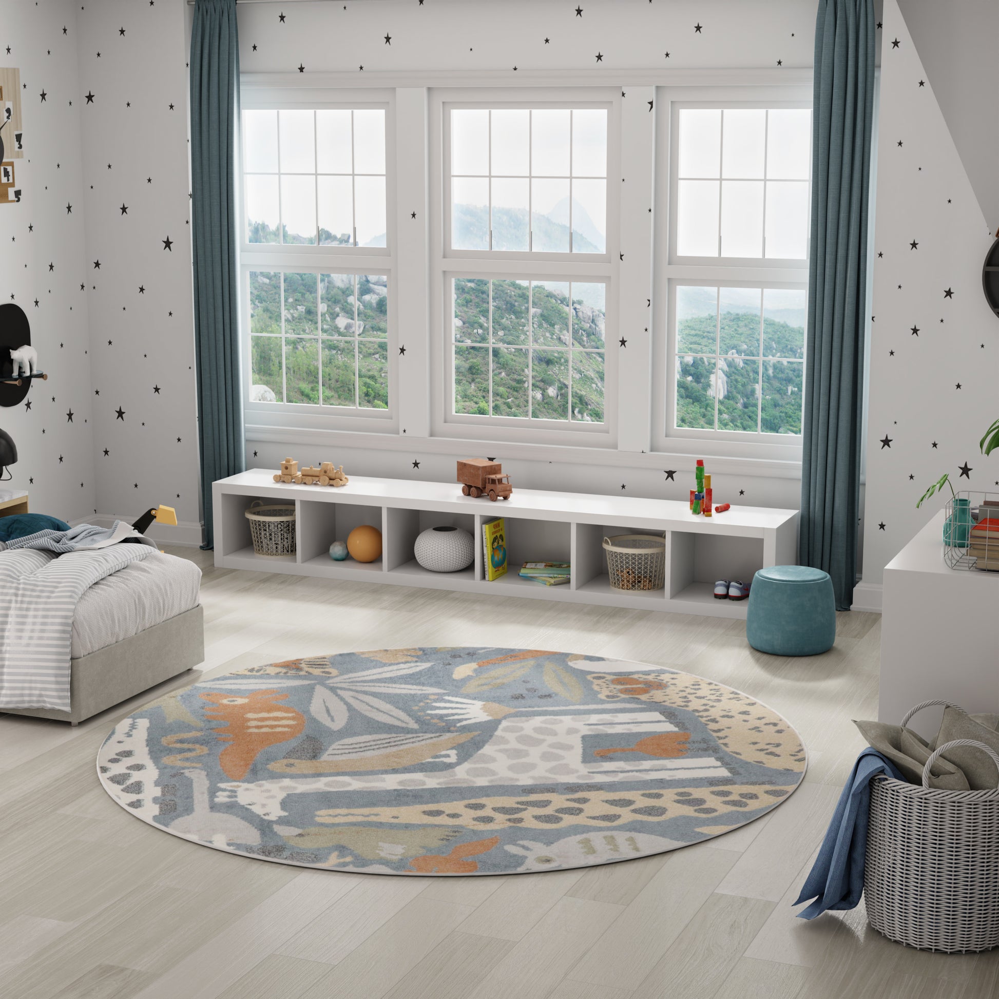 Kids' bedroom with round abstract rug, white cubby storage under large windows, starry wallpaper, blue curtains, and toys.