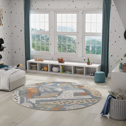 Kids' bedroom with round abstract rug, white cubby storage under large windows, starry wallpaper, blue curtains, and toys.