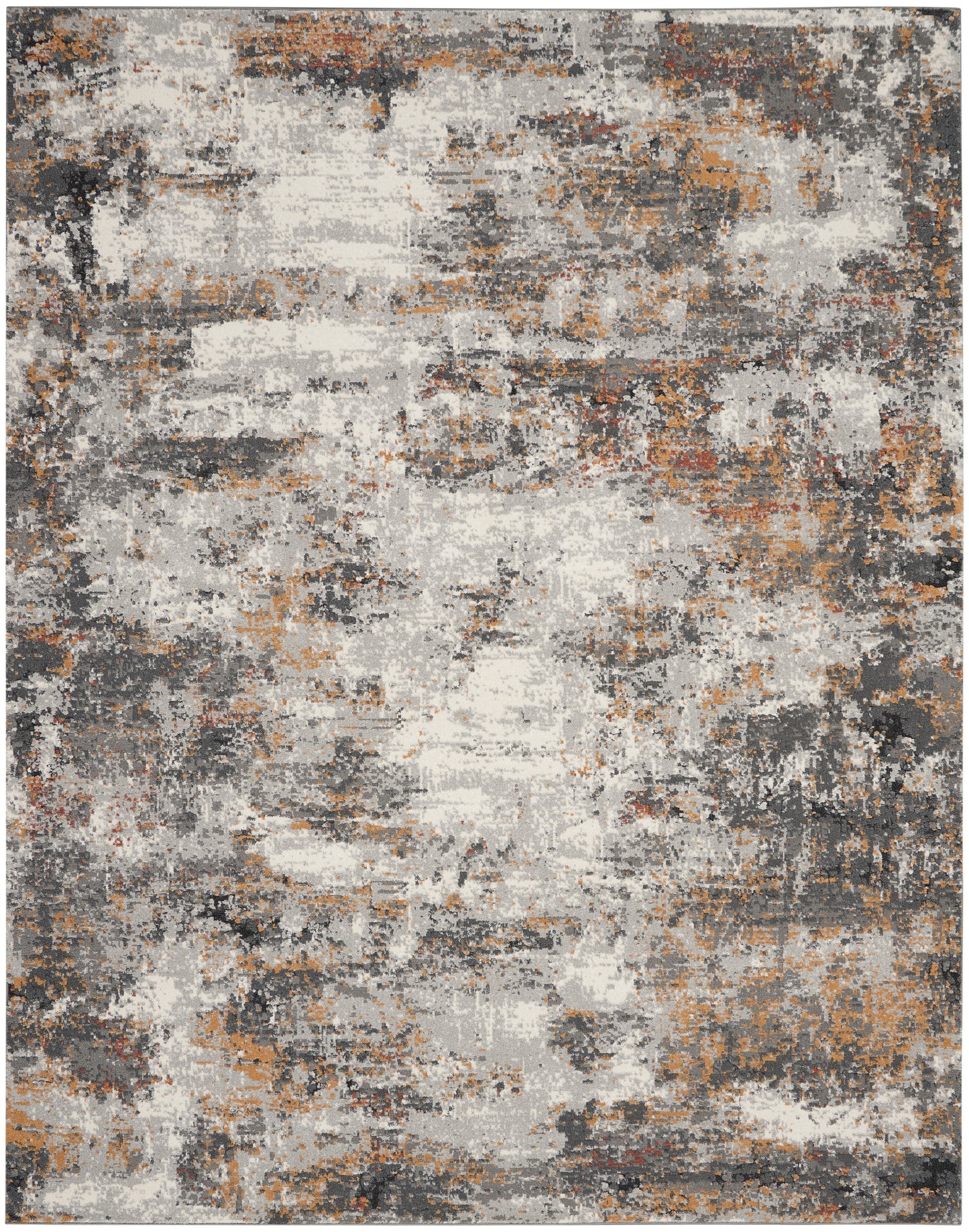 Rectangular abstract area rug in distressed gray, ivory, black and orange tones for a modern living room, 8' x 10'.