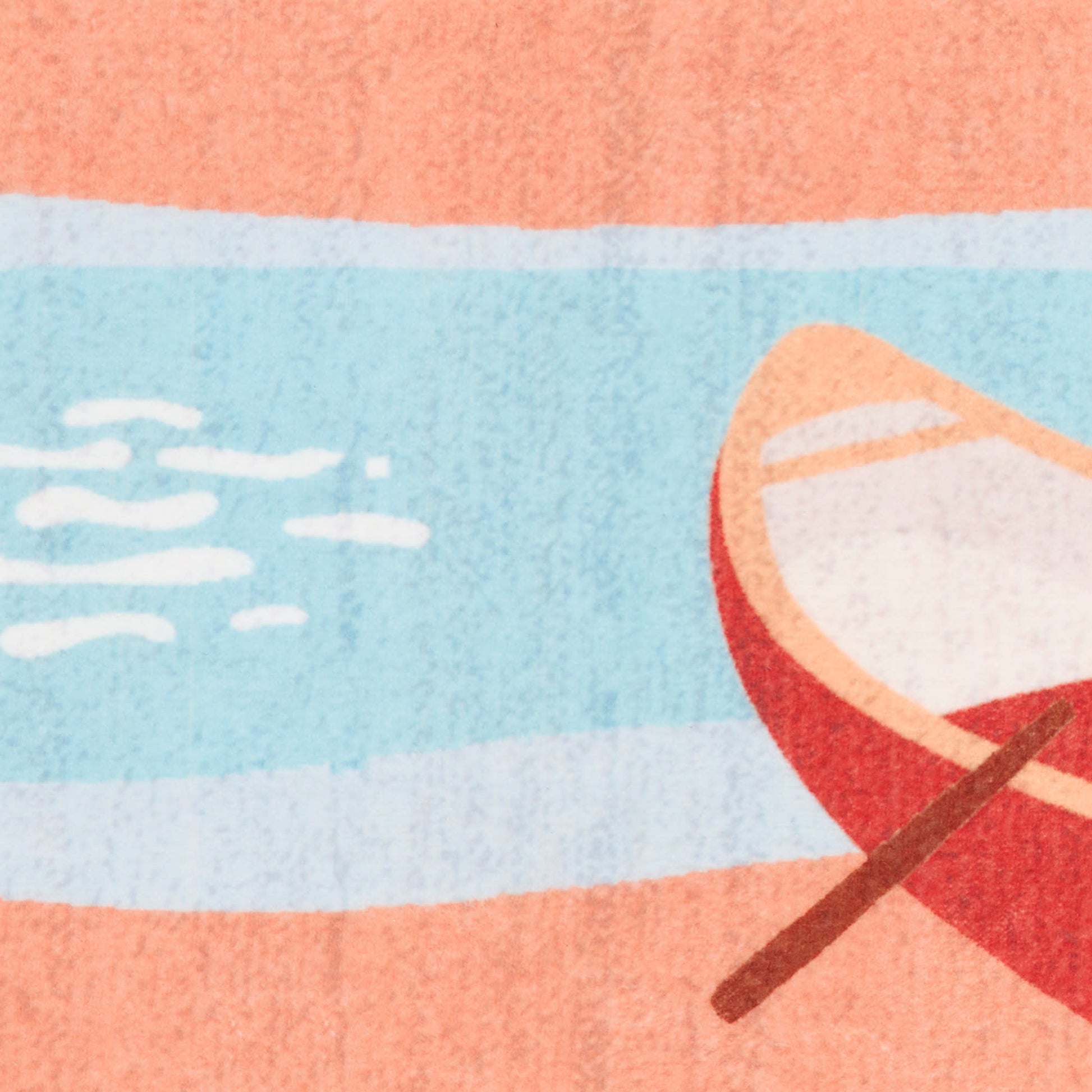 Illustrated beach scene towel print with orange sand, blue water, white waves, and a red-orange boat with a brown oar.