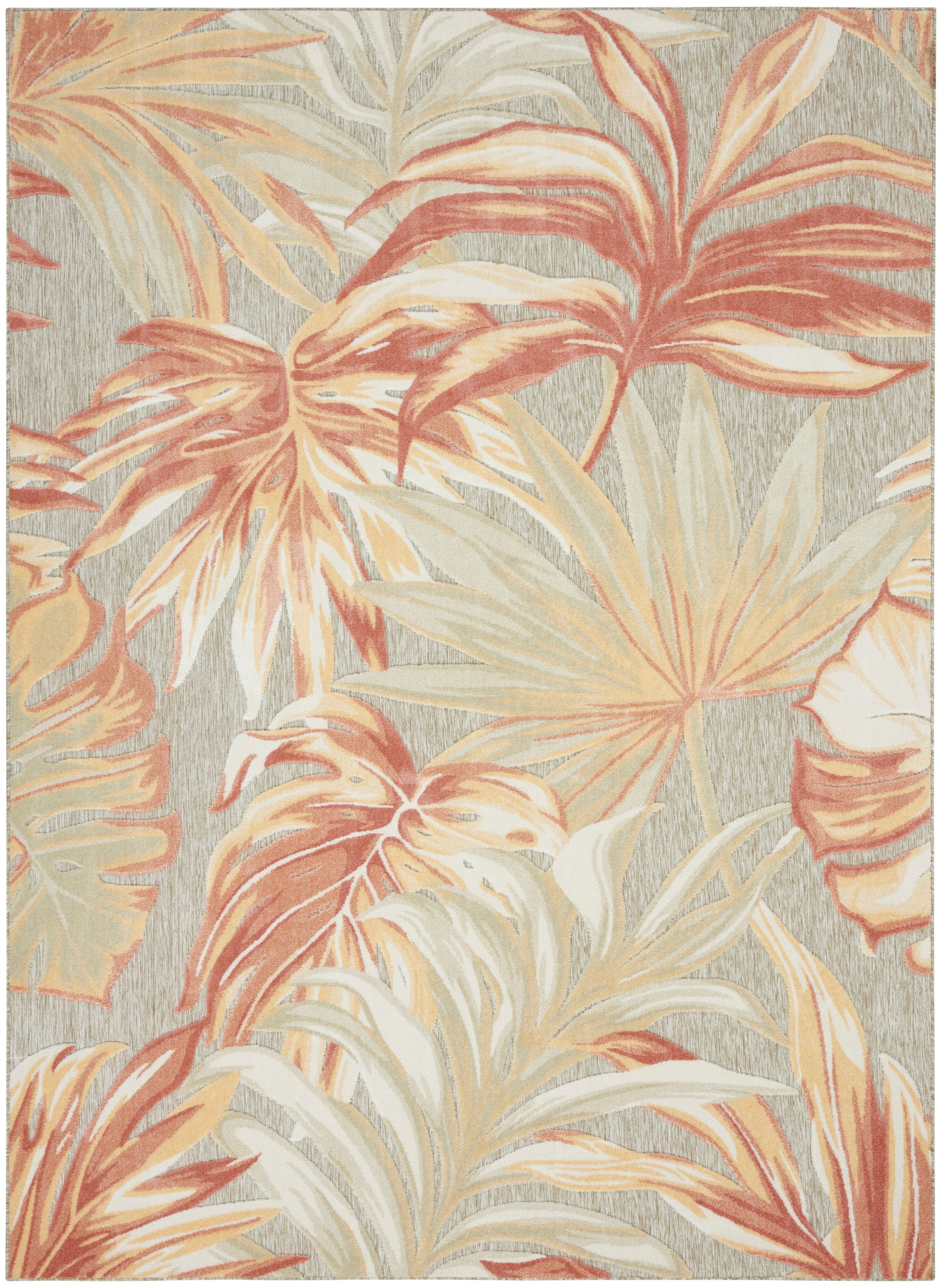 Tropical leaf rug with warm orange, peach and cream fronds on a textured beige backdrop.