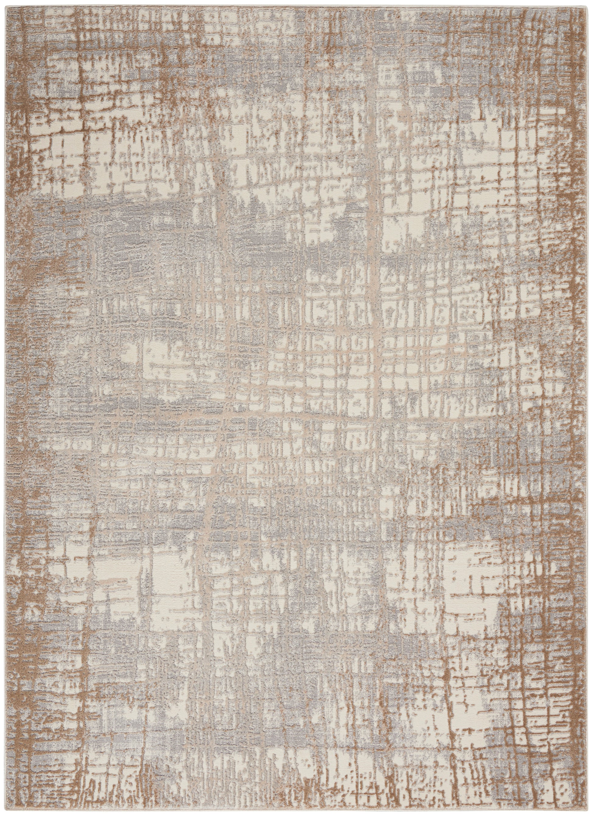Rectangular area rug with an abstract distressed grid pattern in beige, taupe, and gray tones.