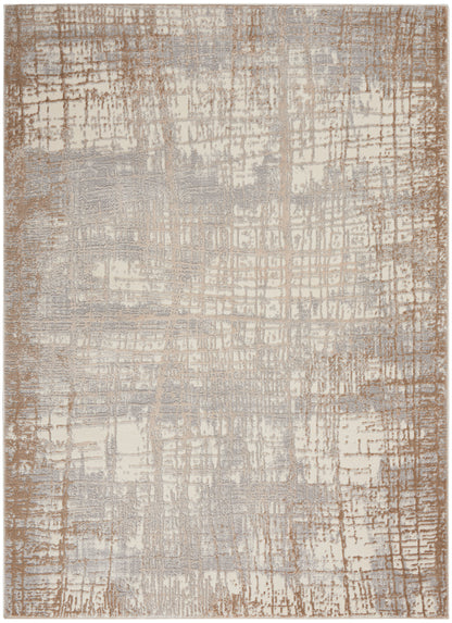 Rectangular area rug with an abstract distressed grid pattern in beige, taupe, and gray tones.