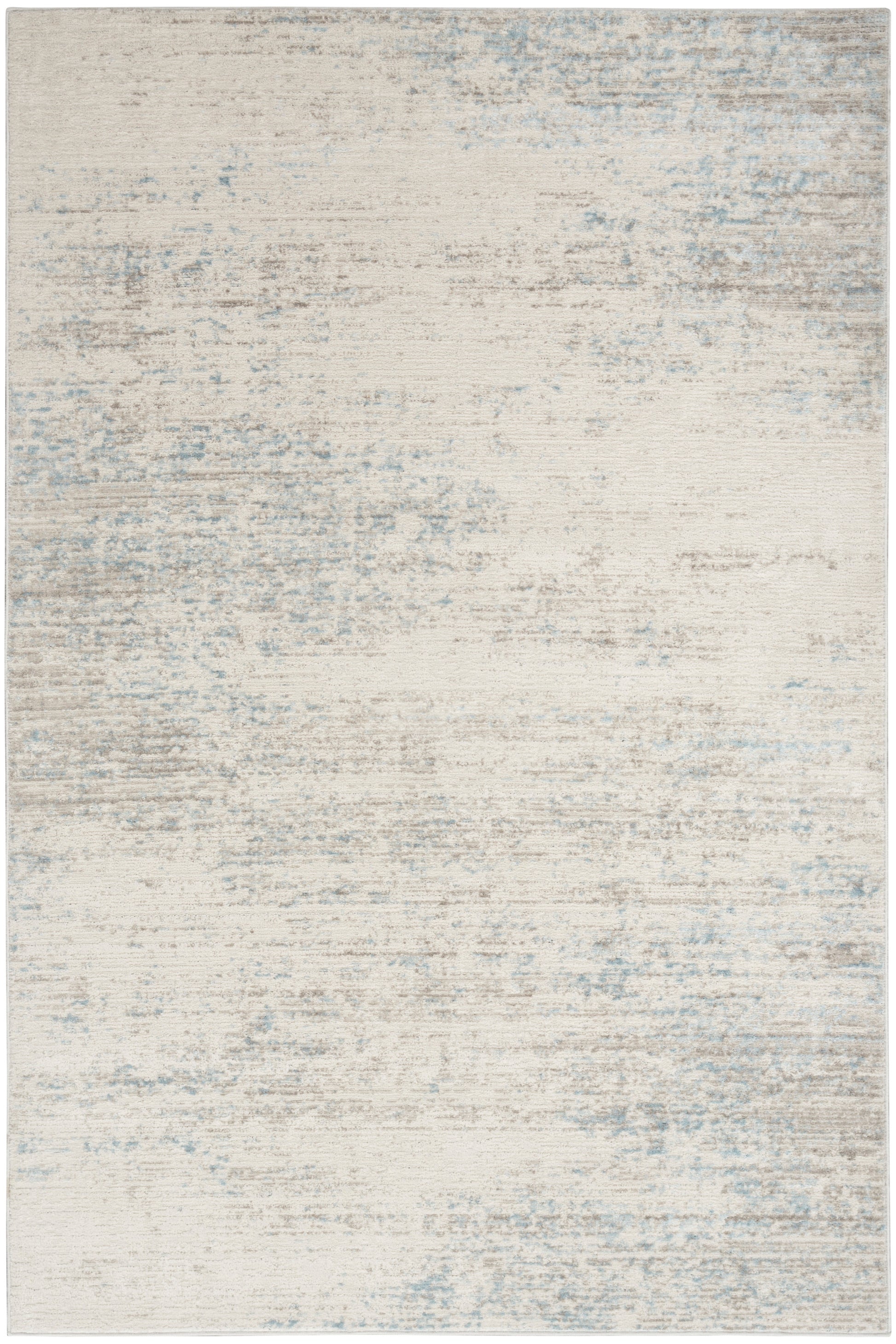 Light beige rug with pale blue-gray distressed wash, modern abstract pattern; versatile for living room or bedroom.