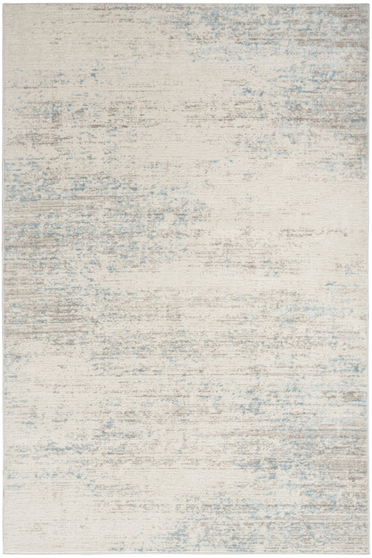 Light beige rug with pale blue-gray distressed wash, modern abstract pattern; versatile for living room or bedroom.