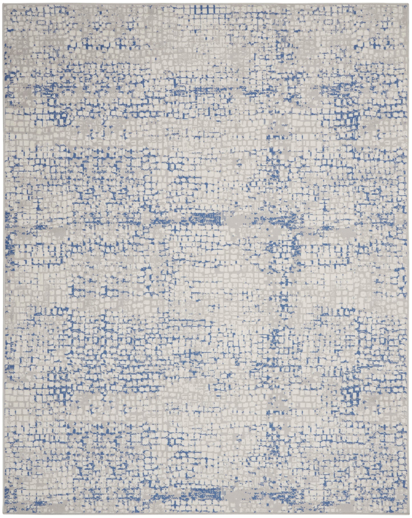 Rectangular rug with cream base and blue abstract grid pattern; modern, versatile decor for living room or bedroom.