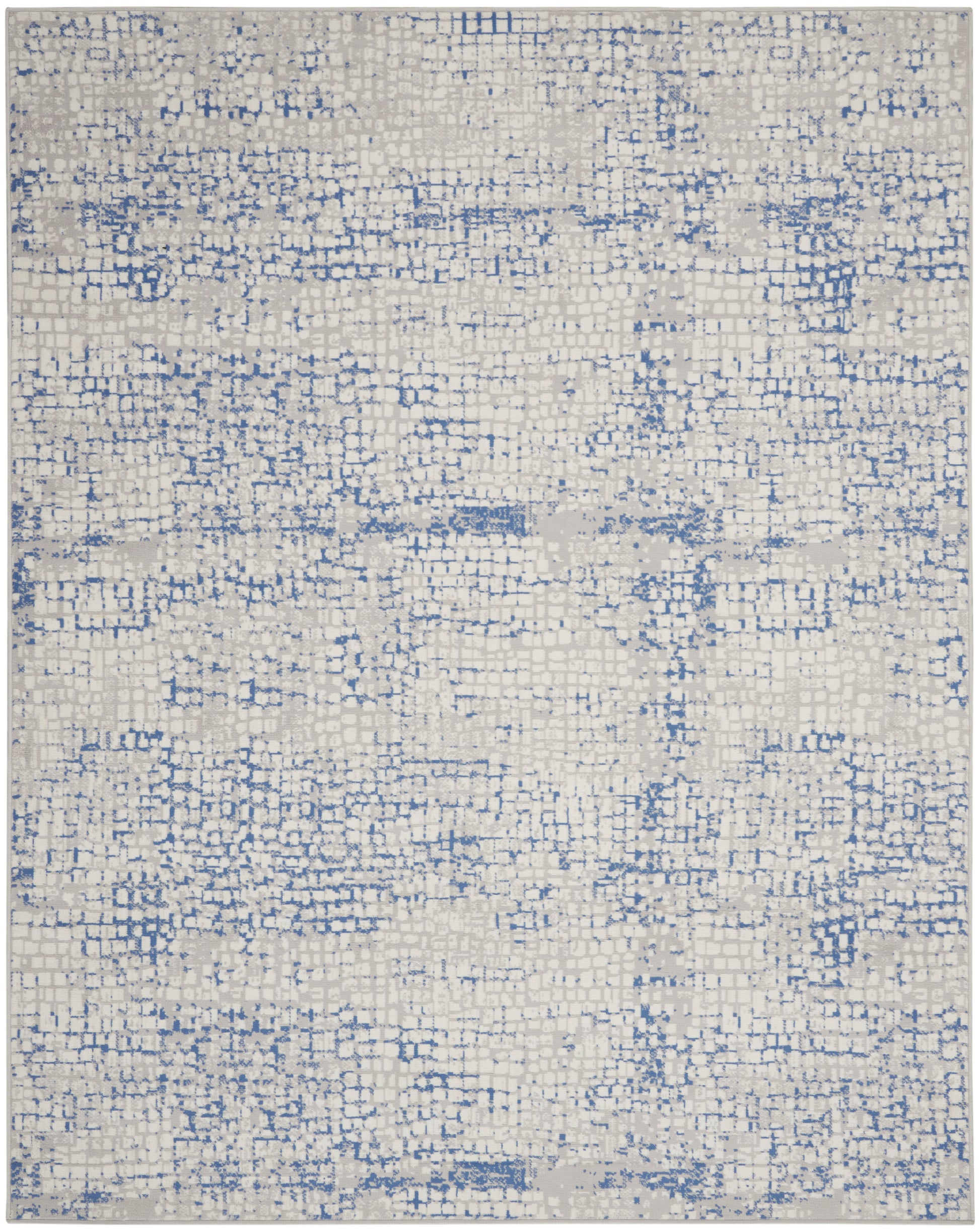Rectangular rug with cream base and blue abstract grid pattern; modern, versatile decor for living room or bedroom.
