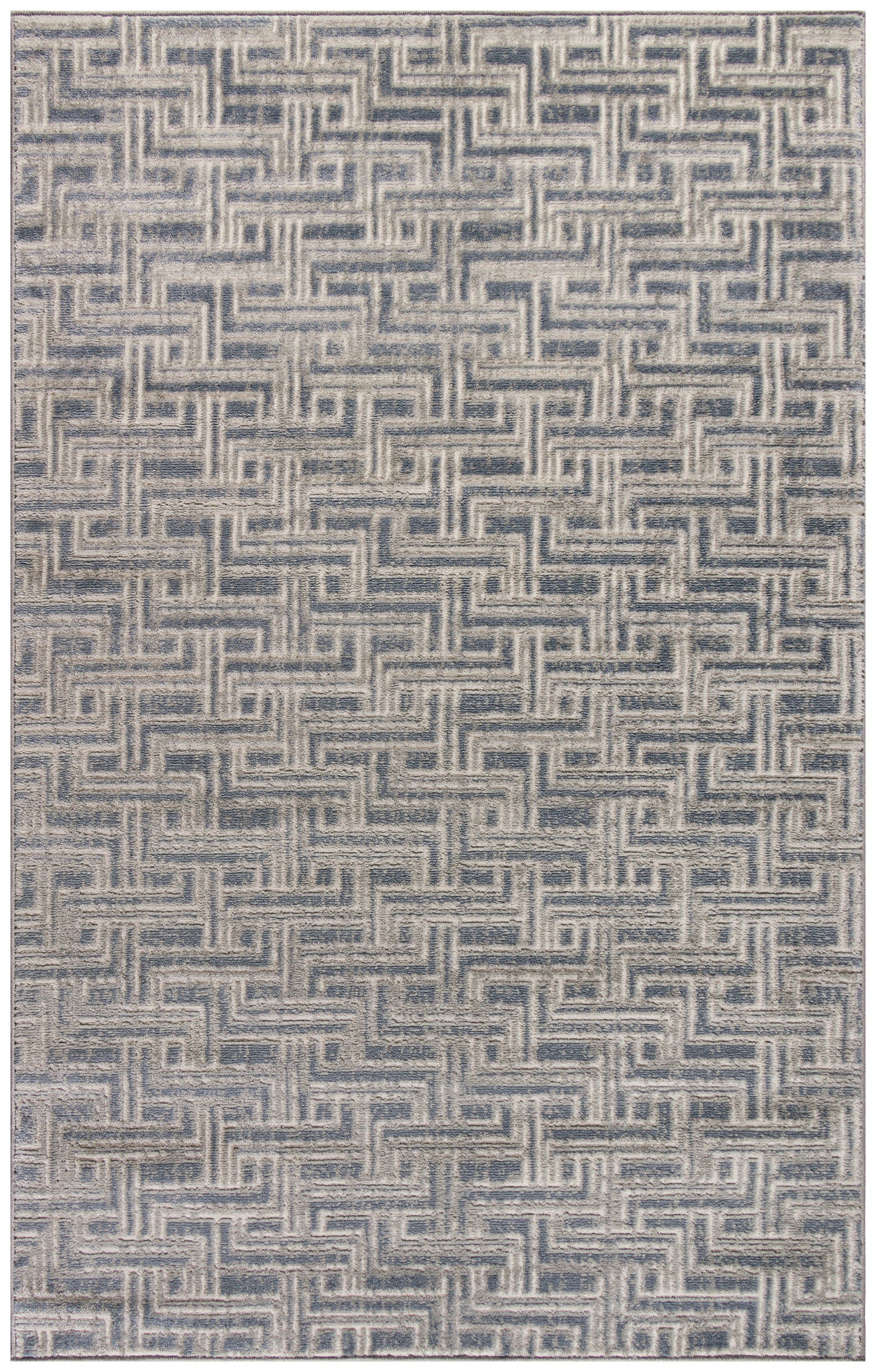 Blue-gray rug with an interlocking maze pattern; textured flat-weave for modern living room decor.