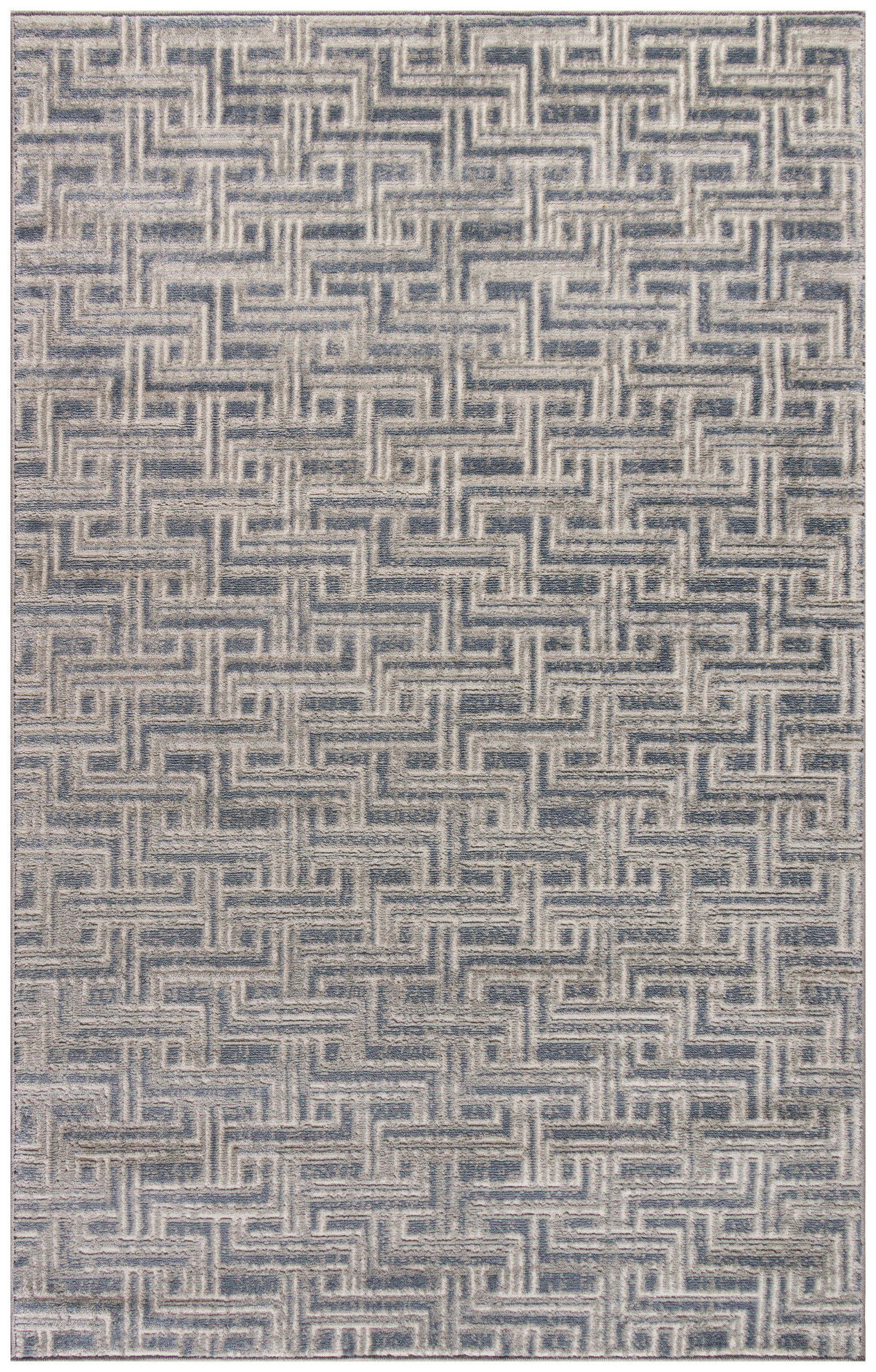 Blue-gray rug with an interlocking maze pattern; textured flat-weave for modern living room decor.