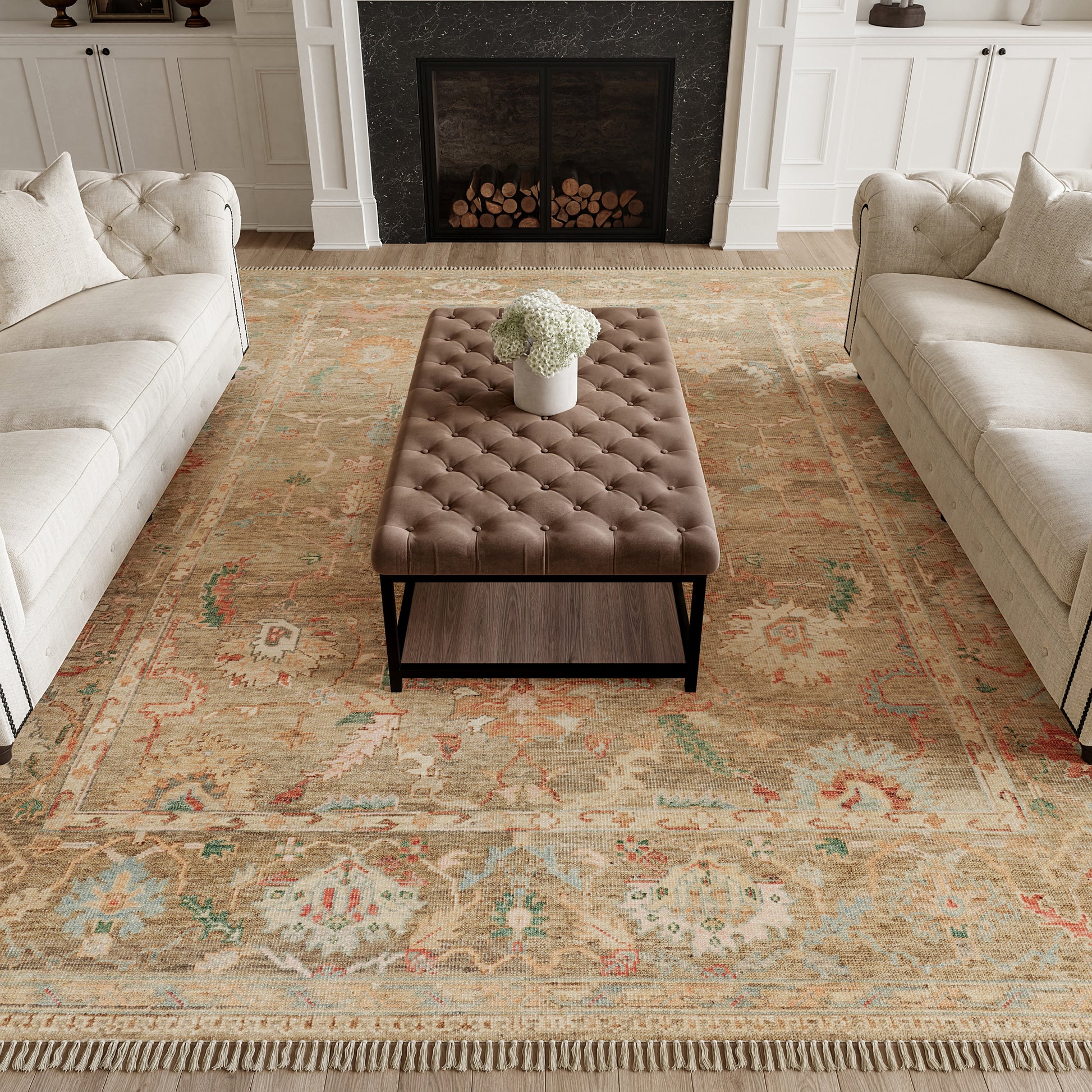 Vintage 9' x 12' beige patterned rug.