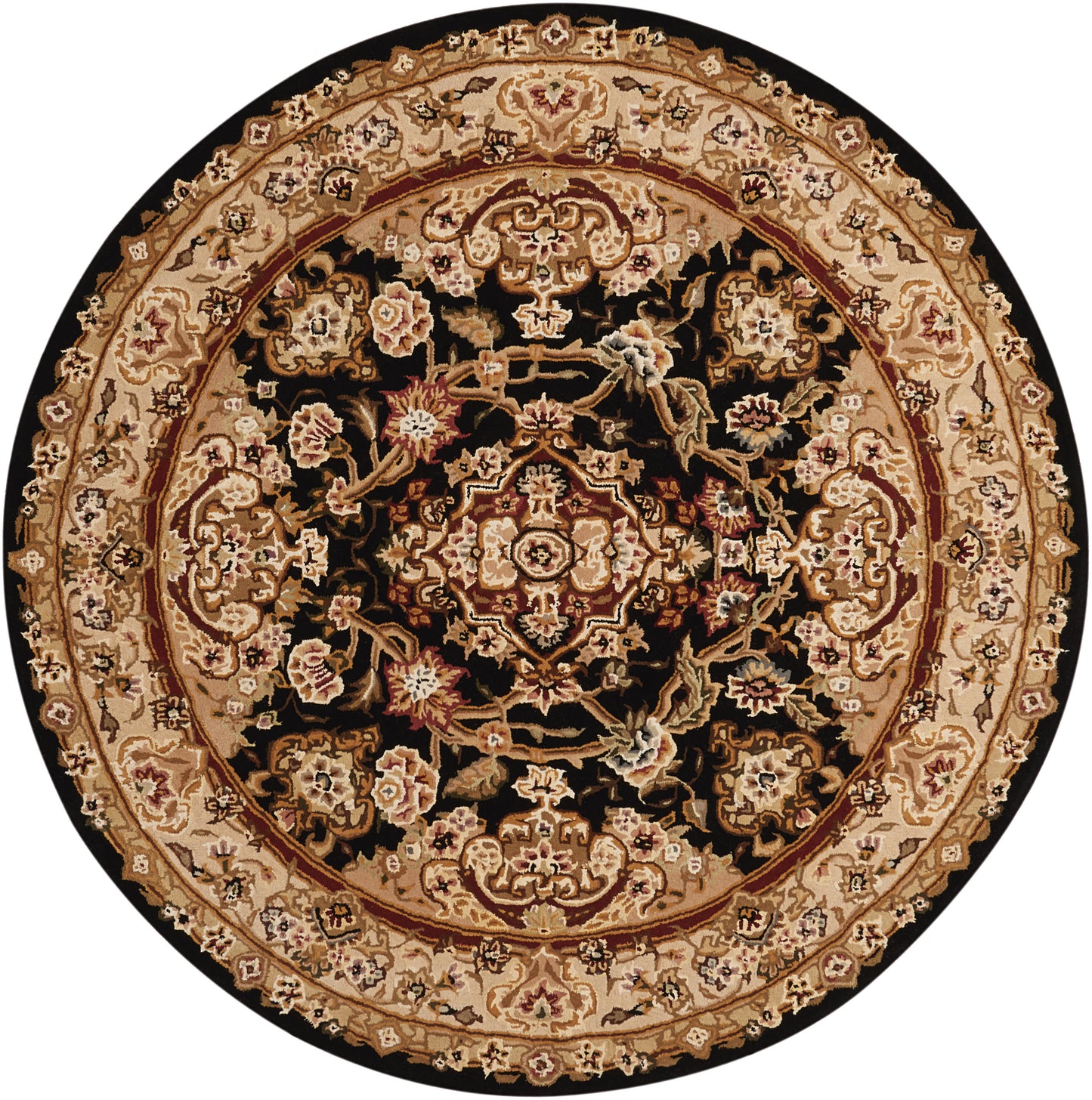 Round oriental rug with a black center, cream and gold floral medallions, and a beige-brown border.