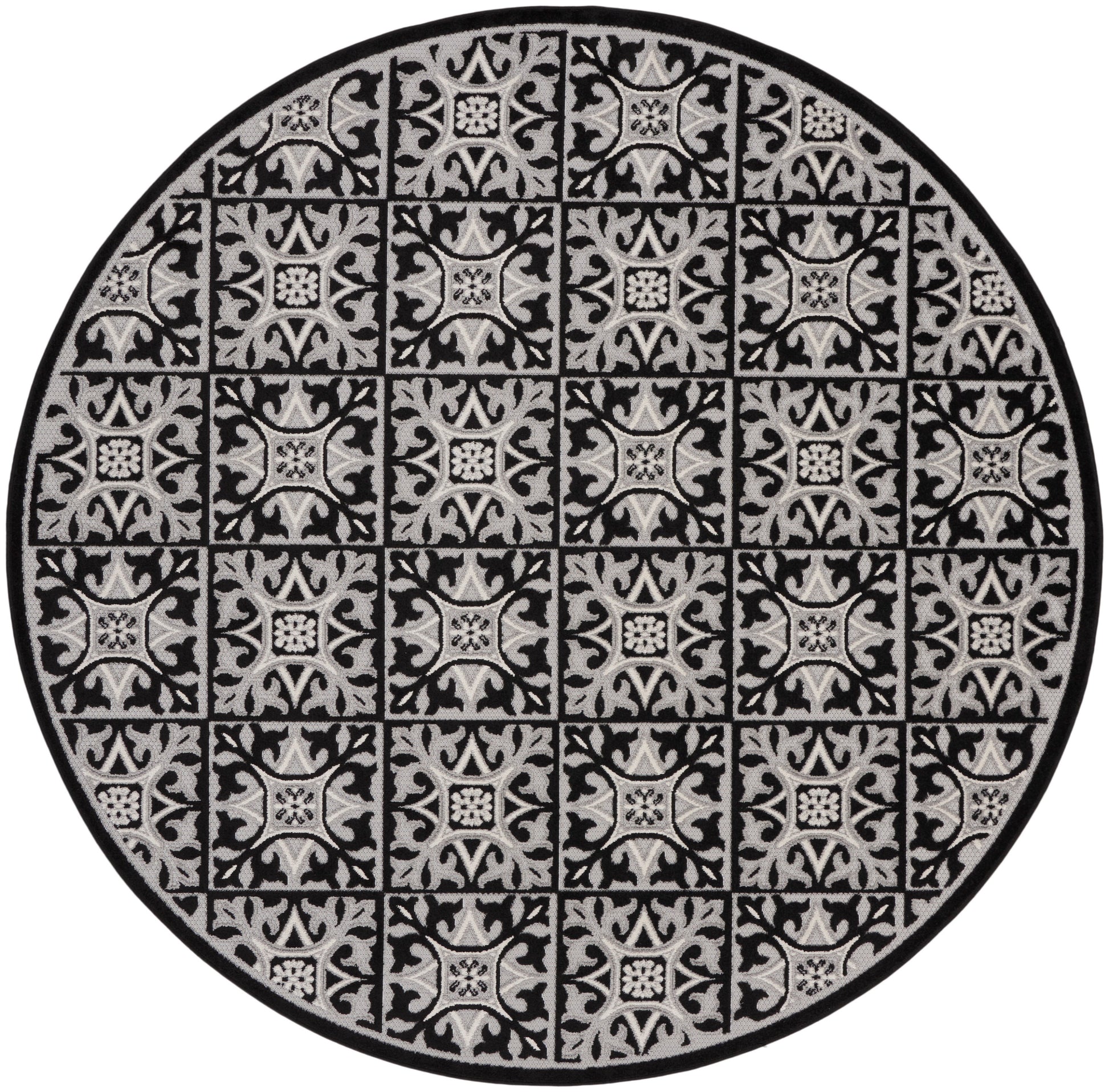 Round rug in black and gray with repeating square damask tile patterns and a dark border, decorative floor mat.