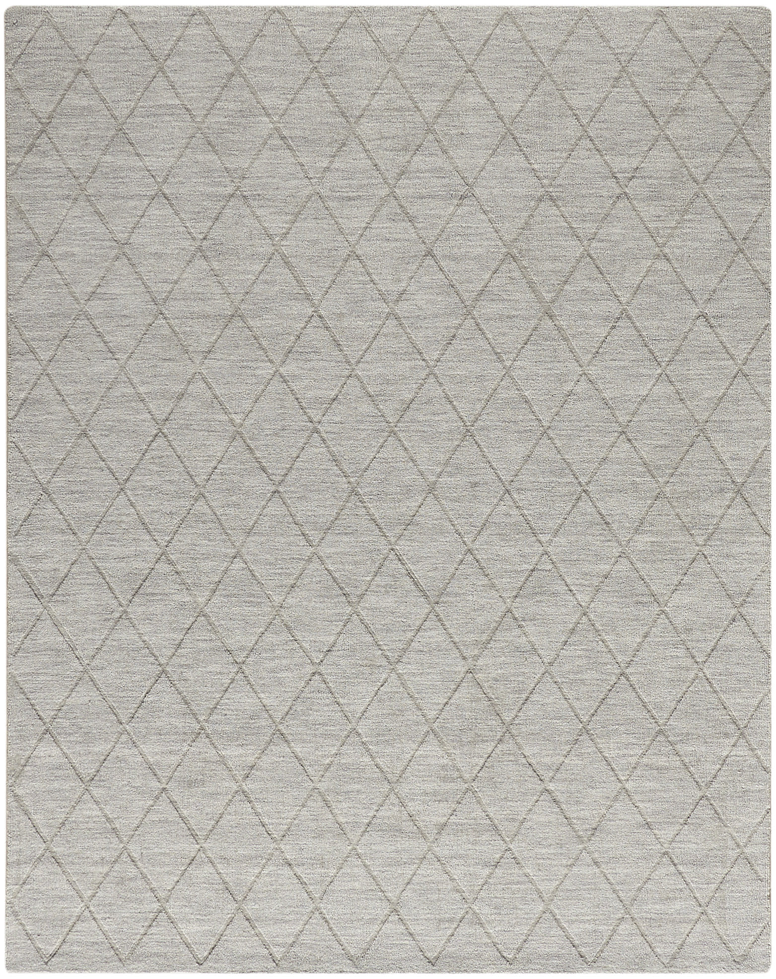 Light gray rectangular rug (8' x 10') with a soft textured surface and a subtle diamond lattice pattern; modern decor.