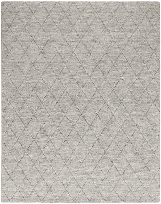 Light gray rectangular rug (8' x 10') with a soft textured surface and a subtle diamond lattice pattern; modern decor.