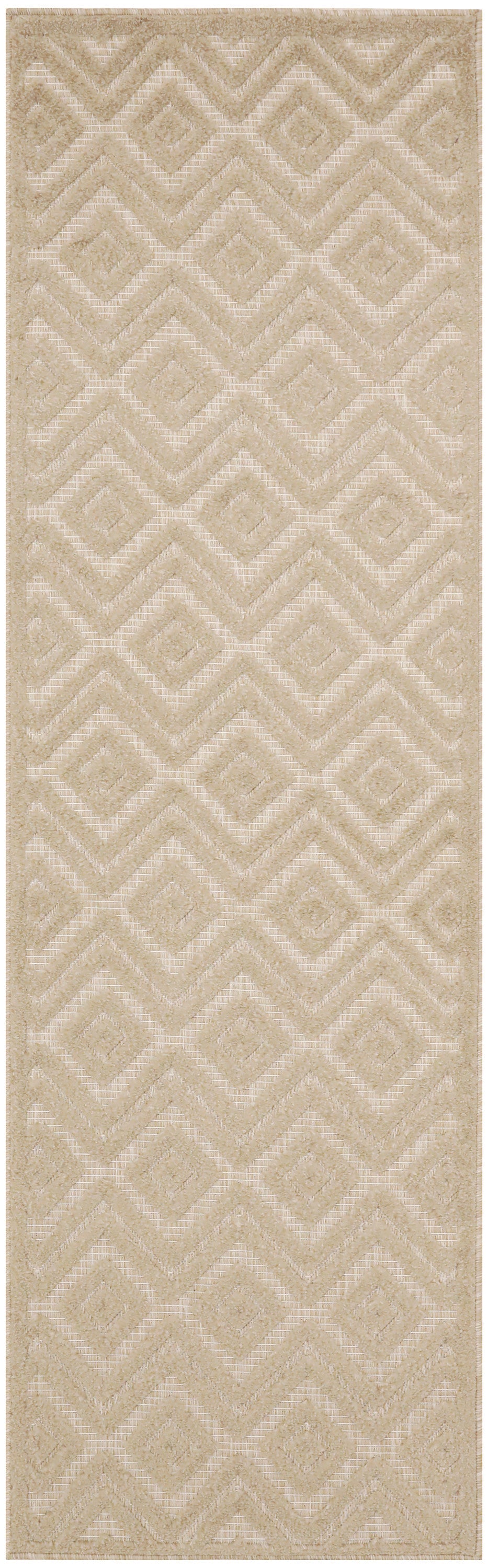 Beige runner rug with a repeating diamond and chevron pattern in cream tones; soft textured pile.