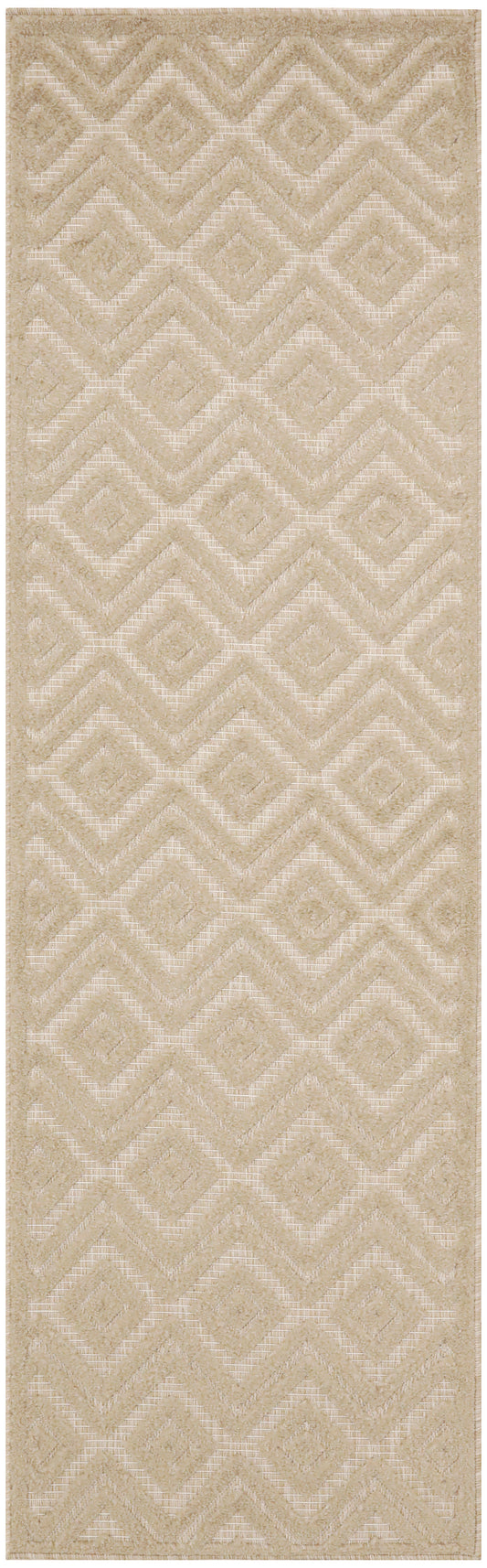 Beige runner rug with a repeating diamond and chevron pattern in cream tones; soft textured pile.