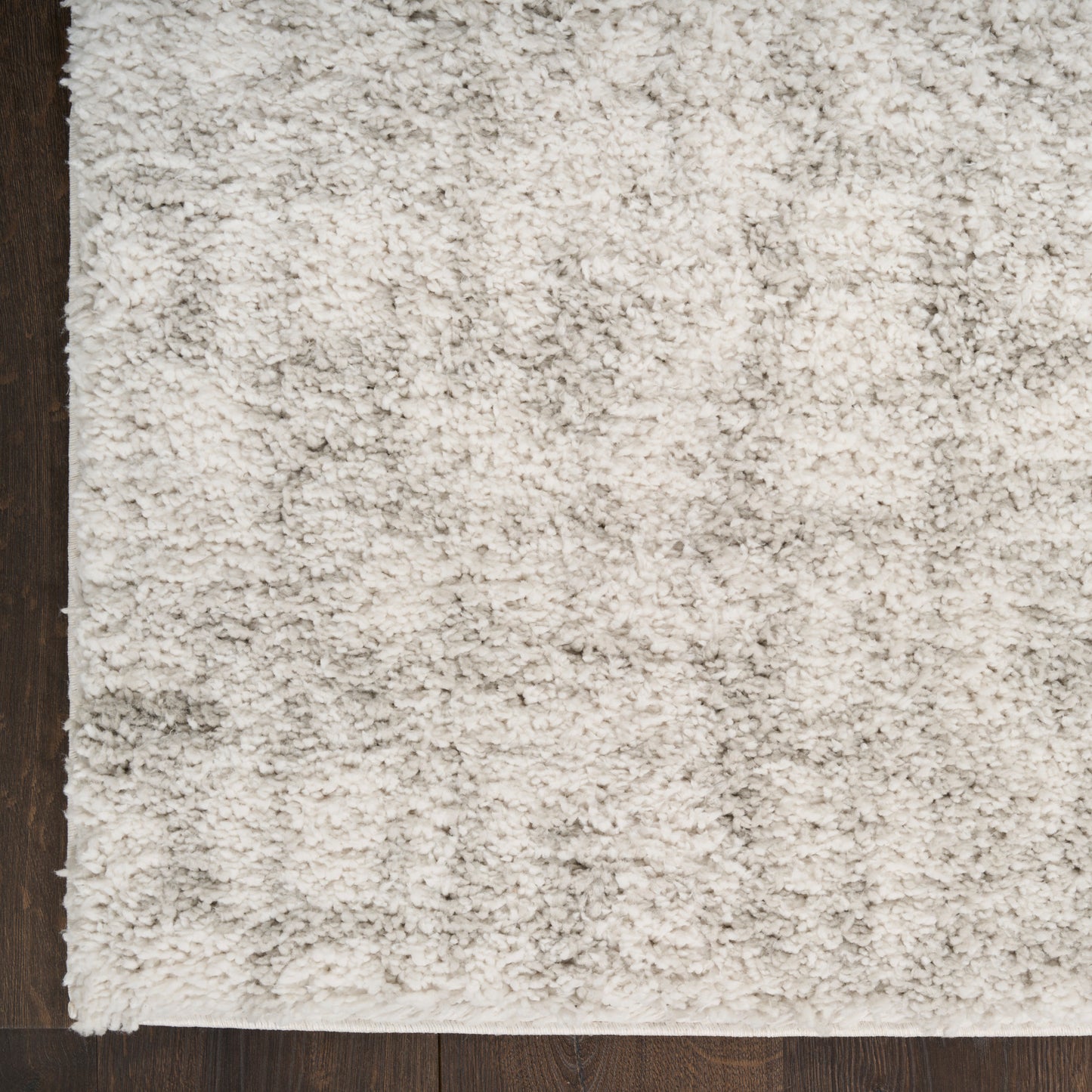 Cream shag rug with dense plush pile on dark wood floor; rectangular, modern cozy area rug for living room.