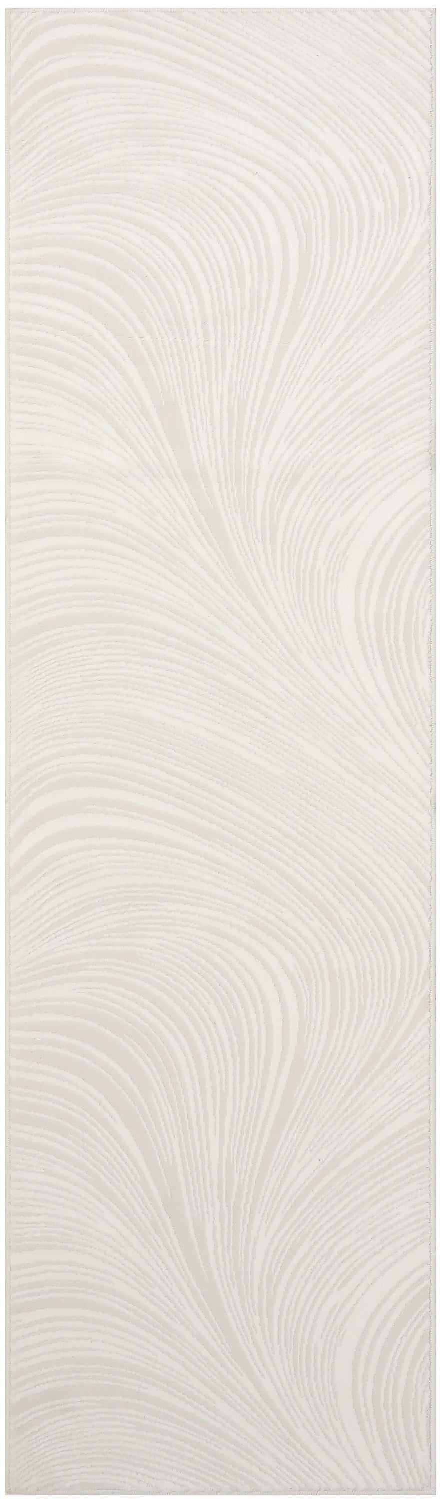 Cream-beige wallpaper with subtle swirling feather-like pattern and soft textured finish.